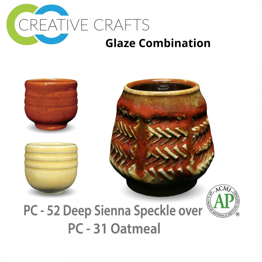 Deep Sienna Speckle PC-52 over Oatmeal PC-31 Pottery Cone 5 Glaze Combination